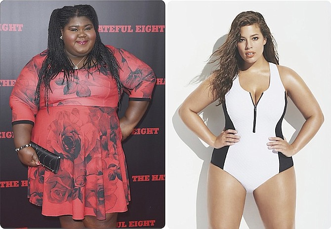 LEFT: Actress Gabourey Sidibe, starring in “Empire” and “American Horror Story”, at the premiere of “The Hateful Eight”. 
RIGHT: Ashley Graham, modelling here for Forever 21, is the first full-figured model to appear on the cover of Sports Illustrated’s annual swimsuit edition. (Photo/Forever 21)