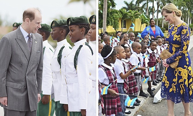 LEFT: Members of the Royal Bahamas Defence Force Rangers being greeted yesterday by Prince Edward during his visit to the country. Photo: Shawn Hanna/Tribune Staff
RIGHT: Sophie, Countess of Wessex, meets children at Garvin Tynes school yesterday. Photo: BahamasLocal.com