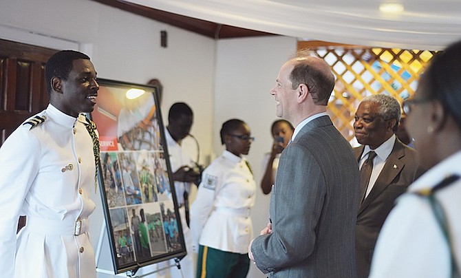 Prince Edward at the Royal Bahamas Defence Force base meets a Ranger who is part of the GGYA programme. Photo/Shawn Hanna
