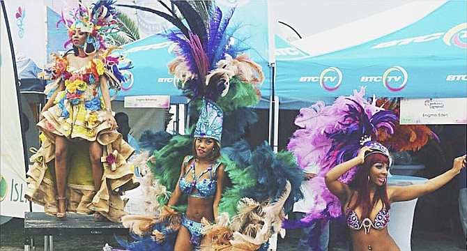 Carnival costumes on show at the launch of this year’s event countdown on Sunday. Photo: Allan Jones