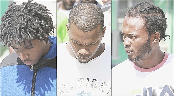 The three men accused of killing Mizilana Beauchamp, who died after being struck by a thrown rock. From left, Antonio Brown, aged 20, Dwayne Harris Jr, aged 22, and Jason Petithome, aged 21. 
Photos: Tim Clarke/Tribune Staff