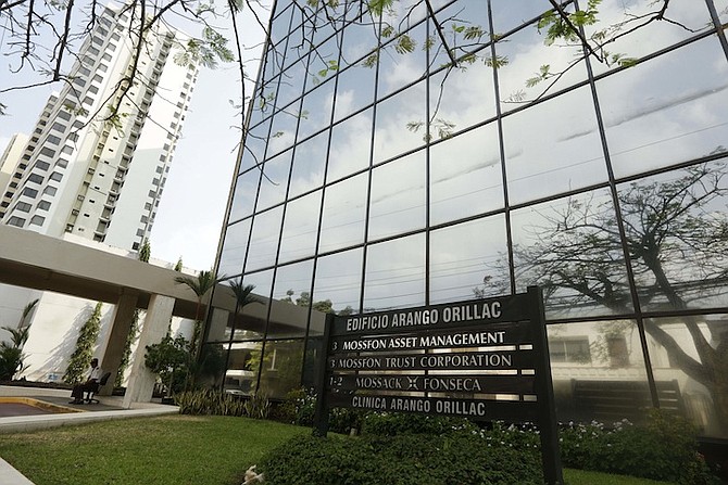 A marquee of the Arango Orillac Building lists the Mossack Fonseca law firm in Panama City.