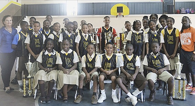 SKY IS THE LIMIT: Vice principal Deborah Burrows (far left) and head coach Nekeno Demeritte (far right) with members of their Temple Christian Academy Suns boys and girls basketball teams as they display their trophies won this year. 
                                                                                                                                                                                            Photo by Shawn Hanna/Tribune Staff
