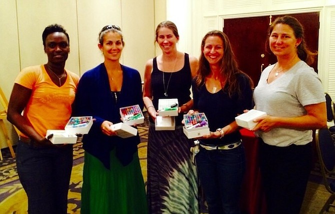 Partners in Nassau Grouper research (from left) Lakeshia Anderson (Bahamas National Trust), Annabelle Brooks (Cape Eleuthera Institute), Olivia Patterson (Friends of the Environment), Dr Kristine Stump (Shedd Aquarium) and Casuarina McKinney-Lambert (BREEF). Photo: Dr Craig Dahlgren