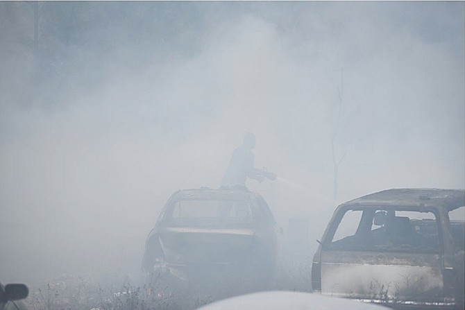 Barely visible in the smoke, a firefighter tackles the bush fire near the Sir Lynden Pindling Estates area. 