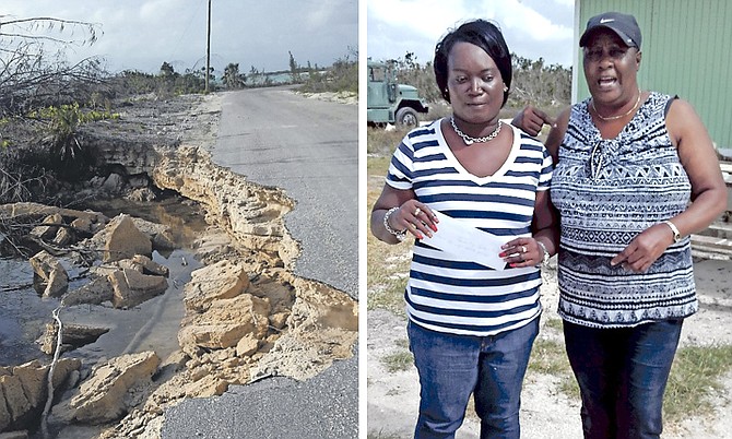 LEFT: The ruined remains of a Crooked Island road. 
RIGHT: Yvonne Moss, president of the Crooked Island Eastern Communities, right, delivering food, water and financial donations to victims of Hurricane Joaquin. She was accompanied by assistant treasurer Patricia Dean Carter. 
