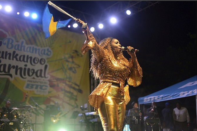 Ericka ‘Lady E’ Symonette on stage in Grand Bahama as Bahamas Junkanoo Carnival got under way at the weekend. 
Photo: Shawn Hanna/Tribune Staff