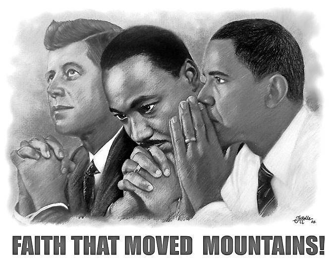 A portrait combining images of John F Kennedy, Martin Luther King and Barrack Obama. 