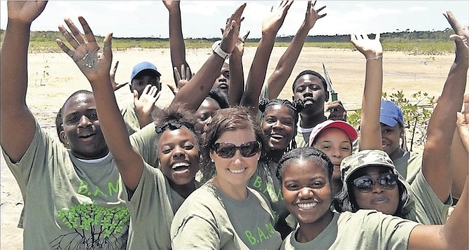 Amy Heemsoth, of the Khaled bin Sultan Living Oceans Foundation and creator of the BAM programme, with the Camp Abaco students.