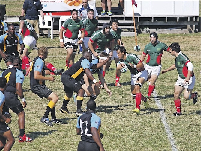 The Bahamian team looks to block a Mexican attack during Saturday’s match between the nations at the Winton Rugby Centre. Photo: Katie Roach