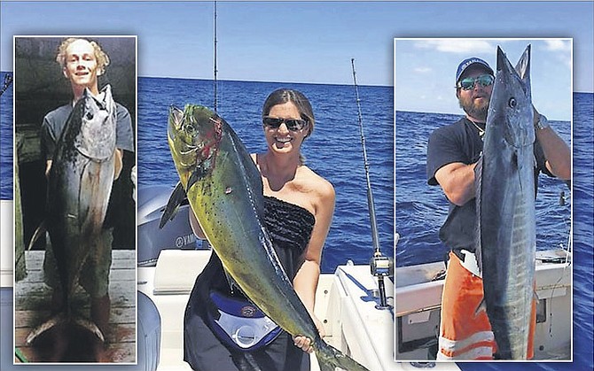 Main picture: Candida Carey with a nice Mahi Mahi near Eleuthera.
Inset left: Bronson Russell with a Yellowfin Tuna in Abaco.
Inset right: Captain Travis Kelly with an Abaco Wahoo.
