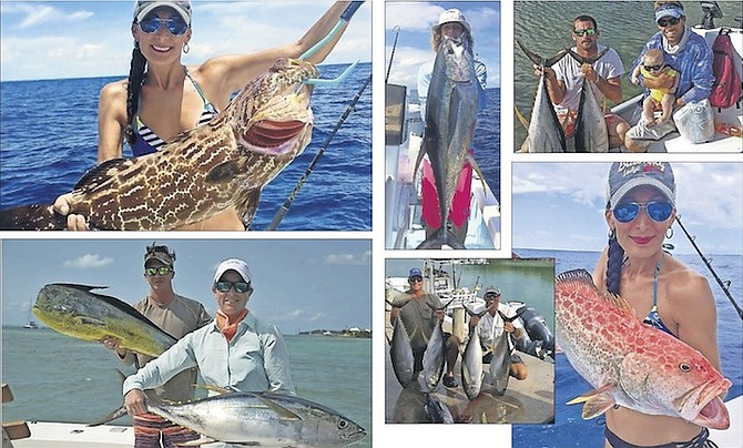 CLOCKWISE FROM TOP LEFT: June Russell with a beautiful Blackfin Rockfish, Abaco; BSFN junior expert Bronson Russell with a 41lb Yellowfin Tuna, Abaco; Baby Logan Rees with his father, David, and Charles Albury and a nice haul of Yellowfin Tuna; June Russell and a nice Yellowfin Rockfish; Local boys Deek and Tweedie brought home a nice catch of Yellowfin Tuna, Wahoo and Mahi Mahi in Spanish Wells, Eleuthera; A Happy guest onboard Local Boy Charters in Hope Town with a Mahi Mahi and Yellowfin Tuna.