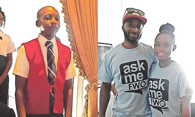 LEFT: Anthony Burrows accepts his award at Government House.
RIGHT: Sydney Clarke with 'Golden Knight' Ramon Miller, spokesperson for the Club One Fitness campaign.