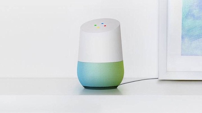 Google’s Home device, which echoes the Echo, Amazon.com’s smart-home speaker.