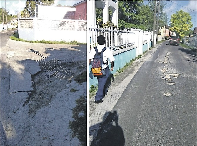 LEFT: The broken and wrecked paving along Lewis Street. 
RIGHT: Potholes marking the way along Lewis Street. 