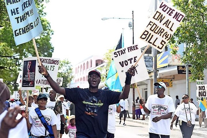 Vote No campaigners taking part in the Labour Day parade in downtown Nassau. Photo: Shawn Hanna/Tribune Staff