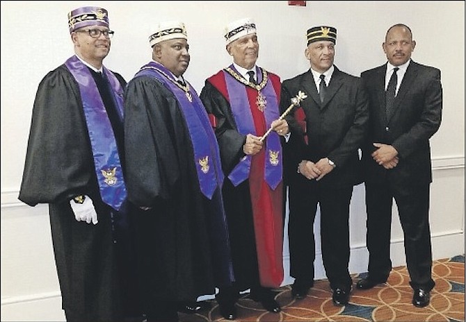 At the historic Freemasonry election in Philadelphia last month at the 135th Annual Session and the 45th Triennium of the United Supreme Council are (from left): Sovereign Grand Inspector General Illustrious Robert “Sandy” Sands; Lieutenant Grand Commander Illustrious Melvin J Bazemore; Sovereign Grand Commander Illustrious Basil L Sands; Sublime Prince Dr Basil G L Sands; and Dr Duane E L Sands, Master Mason.