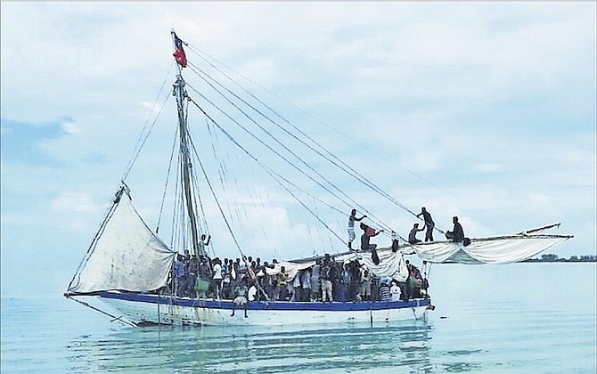 The wooden sailing sloop containing 199 Haitian migrants that was stopped off North Andros. 