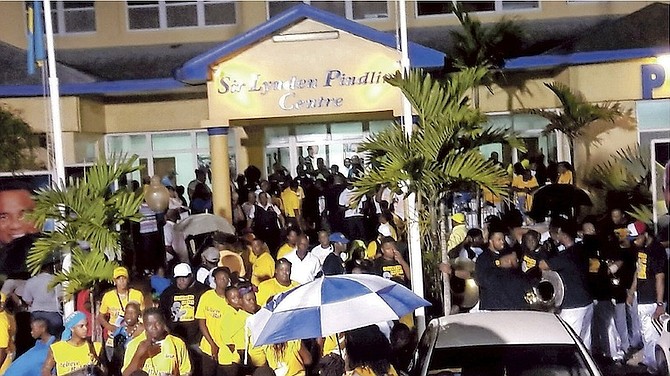 The crowds outside the PLP national general council meeting last night at which Cleola Hamilton, Kenred Dorsett and Fred Mitchell were ratified as candidates for the 2017 election. 