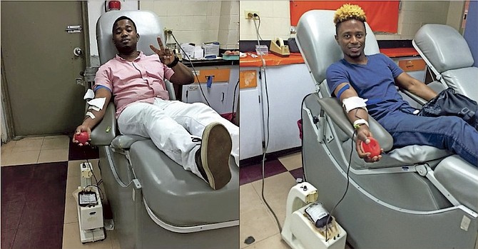 LEFT: Sammi Starr “Gives Life” on World Blood Donor Day.
RIGHT: Visage and Baha Men singer Dyson Knight gives blood to help a fellow band member’s relative in a time of need.