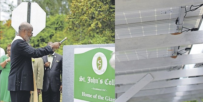 Bishop Laish Boyd blesses the solar energy system installed with grant funding from the Global Environment Facility Small Grants Programme at St John’s College pool. 
Photos: Shawn Hanna/Tribune Staff