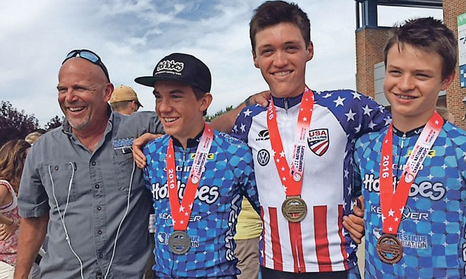 CYCLIST LIAM HOLOWESKO (second from right) has won the US National Cycling Junior Time Trial Championship.