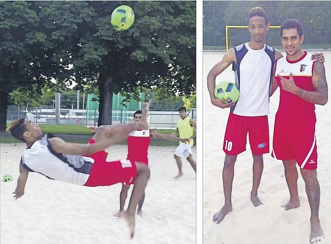 LEFT: Timmy Munnings Jr attempts a bicycle kick. RIGHT: Timmy Munnings Jr with coach Heimanu ‘Manu’ Taiarui of Tahiti at the intense beach soccer training camp in Switzerland. 