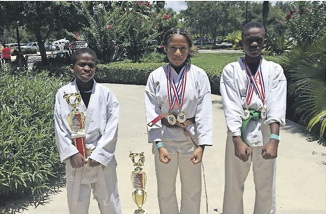 WELL DONE TEAM BAHAMAS: Daunte Minnis finished second in the point sparring for age 10 White Belt, Jessica Frazer was fifth in kata and point sparring for age 14 Brown Belt and Ashton Ford ended up fifth overall in the point sparing for age 10 Green Belt.
