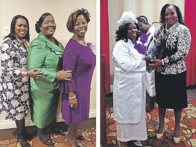 LEFT: Shown (l-r) are Judy Mason of St Lucia, Pastor Monique Seymour and Millicent Kelly, of Exuma. 
RIGHT: Mother Coralee Wright (left) is honoured.