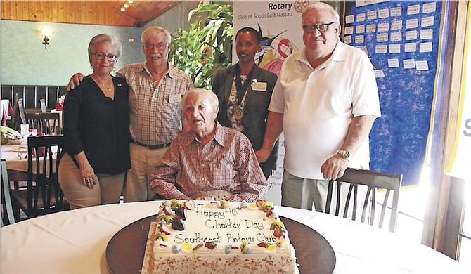 Sir Durward Knowles, aged 98, helps the Rotary Club of South East Nassau celebrate their 40th anniversary at East Villa restaurant yesterday. Photos: Tim Clarke/Tribune Staff