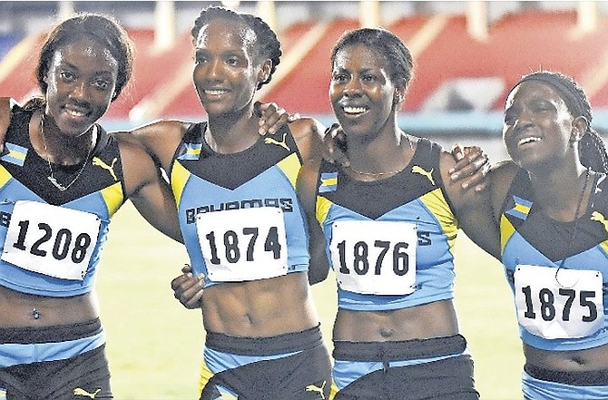 RIO HERE WE COME: Our women’s 4x400 metre relay team (l-r): CarmeIsha Cox, Lanece Clarke, Christine Amertil and Shaquania Dorsett. 