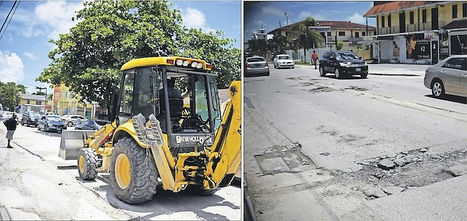 LEFT: A digger in action as Wulff Road is dug up. 
RIGHT: Wulff Road dug up.
Photos: Shawn Hanna/Tribune Staff