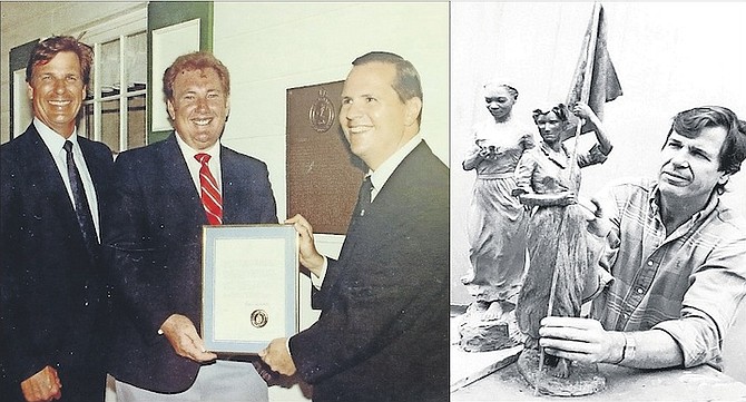 LEFT: Canadian Tom Wardle Jr (right) presents a letter of congratulations from then Canadian Prime Minister Brian Mulroney to James Mastin (left) and Alton Lowe at the opening of Green Turtle Cay’s Loyalist Memorial Sculpture Garden.
 
RIGHT: James Mastin with scale-model figures from The Landing, his life-sized sculpture that serves as the centrepiece of Green Turtle Cay’s Loyalist Memorial Sculpture Garden.