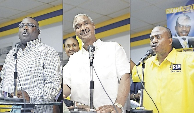From left, Arnold Forbes, Leslie Miller and Dion Smith at last night’s ratification meeting, to announce their candidacy in the next election. Photos: Shawn Hanna/Tribune Staff