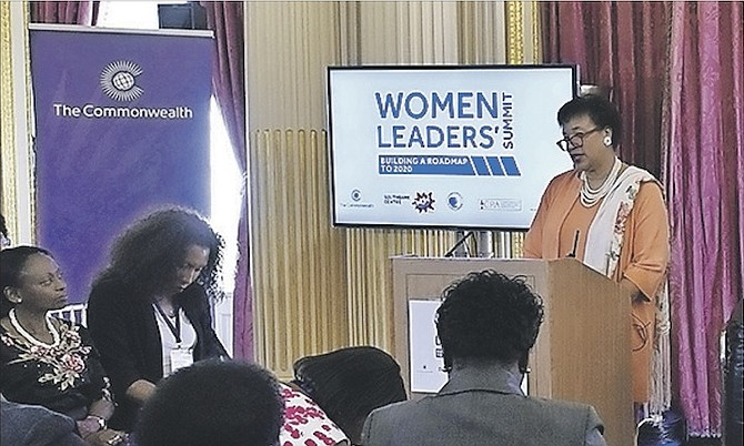 Baroness Scotland speaking at a Women Leaders’ summit. However, questions are being asked about her administration.