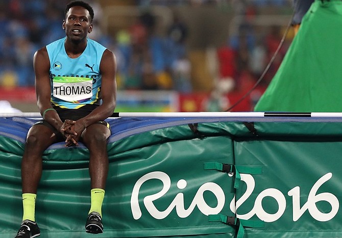 Donald Thomas reacts during the men's high jump final. (AP)