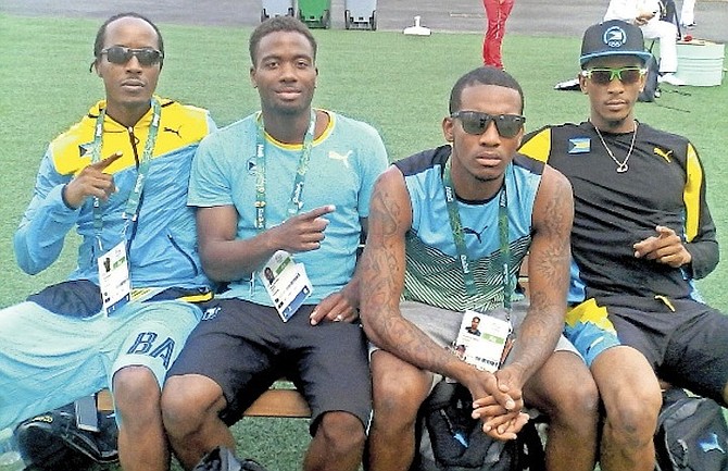 THE 4X400 relay team of Chris “Fireman” Brown, Michael Mathieu, Demetrius Pinder and Stephen Newbold. Missing are Alonzo Russell and Steven Gardiner.  