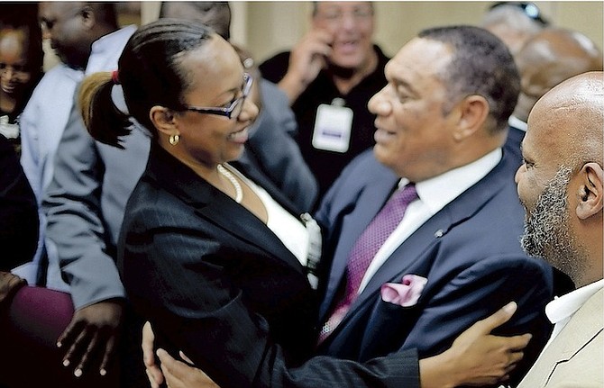 Perry Christie, Prime Minister of The Bahamas, pictured with Denise Abrahamsen, representative of the Baha Mar former employees. Photo: Shawn Hanna/Tribune Staff