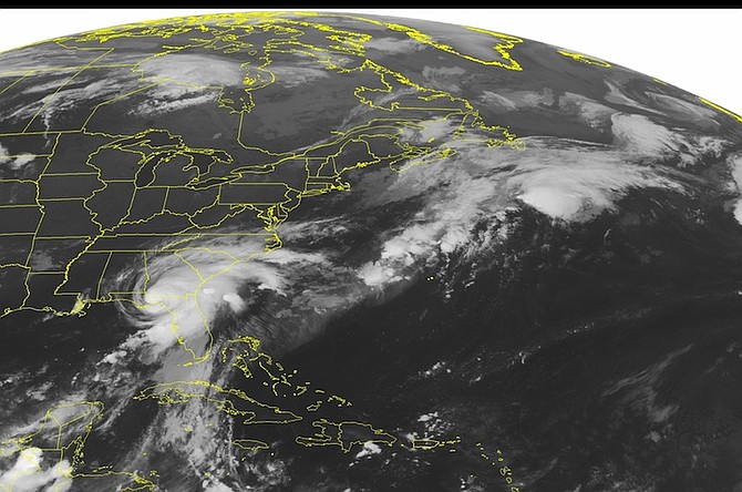 This NOAA satellite image taken Friday at 12:45 AM EDT shows Hurricane Hermine as it makes landfall over the Big Bend region of Florida. (AP)