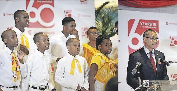 LEFT: The Bahamas National Children’s Choir is pictured performing at Scotiabank’s 60th anniversary celebration. 
RIGHT: Sean Albert, vice-president and district head Caribbean North, Scotiabank, is pictured speaking at Scotiabank’s celebration of 60 years of operating in The Bahamas. 
Photos: Shawn Hanna/Tribune Staff