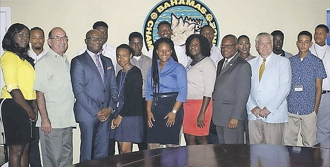 Recipients of the Rebuild scholarship initiative to BTVI pose with officials from Rotary Bahamas, The Bahamas Chamber of Commerce and Employers Confederation, and The Bahamas Technical and Vocational Institution. Photo: Shantique Longley