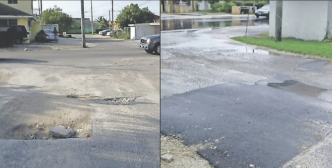 LEFT: The hole and potholes visible towards the junction at Cowpen Road/Maria Drive. 
RIGHT: The potholes fixed after The Tribune article. 
Photos: Valden Fernander
