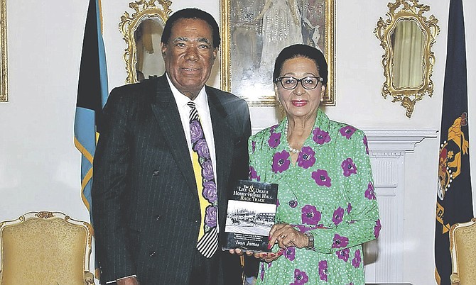 Ivan James, author of “The Life and Death of Hobby Horse Hall Race Track”, paid a courtesy call and presented a copy of the book to Governor-General Dame Marguerite Pindling at Government House.