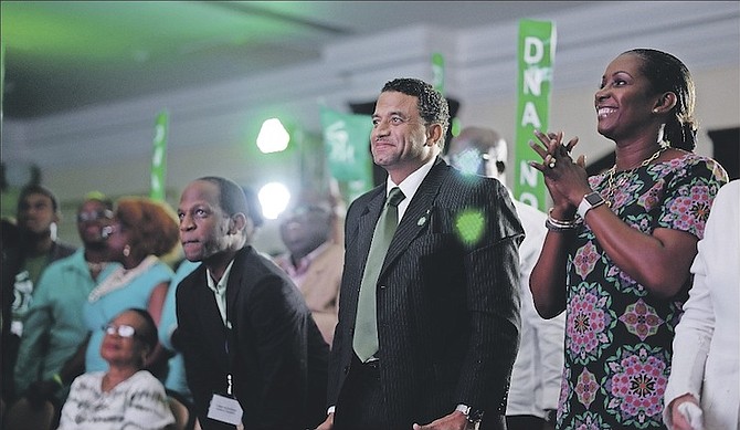 DNA leader Branville McCartney (centre) at the party's convention held at Superclub Breezes Hotel. Photo: Shawn Hanna/Tribune Staff