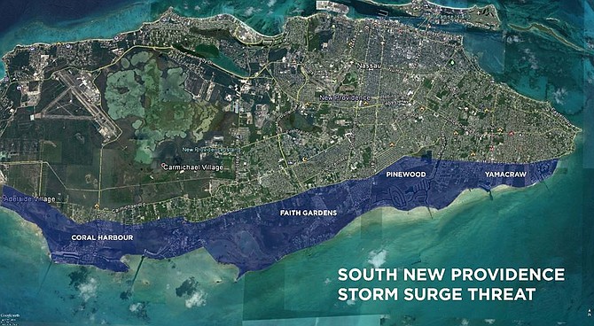 An unofficial map showing the areas which could be flooded by a potential storm surge in southern New Providence from Hurricane Matthew which has circulated on social media in recent days