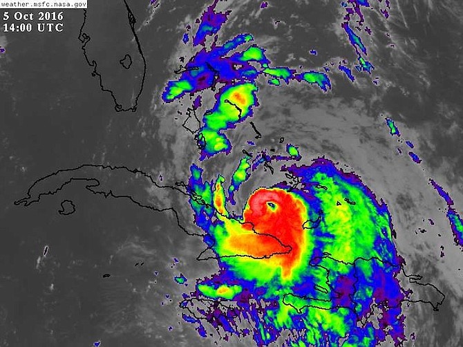 Enhanced infrared image of Matthew at 10am Wednesday showing that the storm's eye had sharpened distinctly over the preceding few hours. Photo: NASA/MSFC Earth Science Office.