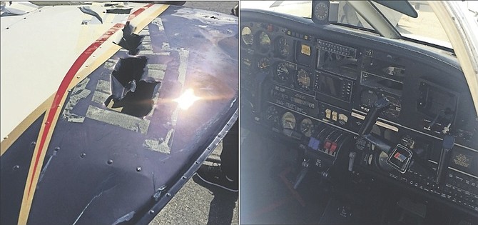 LEFT: Damage to one of the Marlin Air plane’s wings.
RIGHT: Damage to one of the Marlin Air plane’s cockpits, from which thieves stole avionics.

