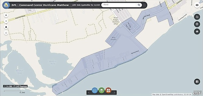 A graphic provided by BPL showing the areas flooded in the Marshall Road and Misty Garden areas. 