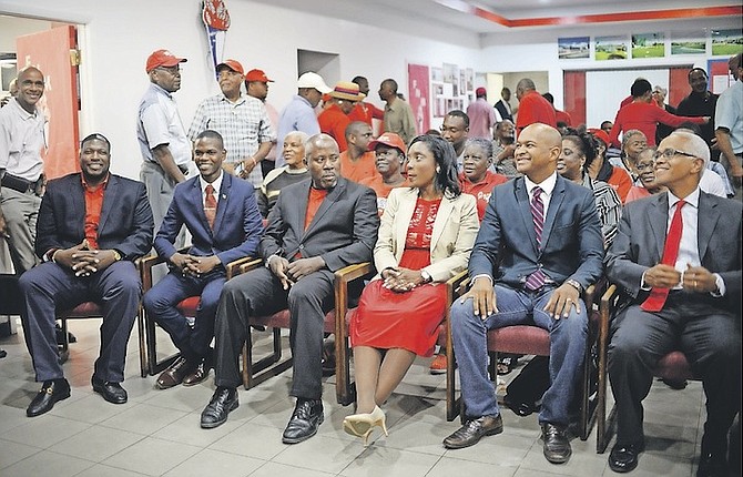 The newly ratified candidates for the FNM are, from left, Carlton Gomez, candidate for North Andros; Travis Robinson, candidate for Bain and Grants Town; Raymond Rolle, candidate for Englerston; Lanisha Rolle, candidate for Sea Breeze; Reese Chipman, candidate for Centerville; and Dionisio D’Aguilar, candidate for Montague. Photo: Shawn Hanna/Tribune Staff