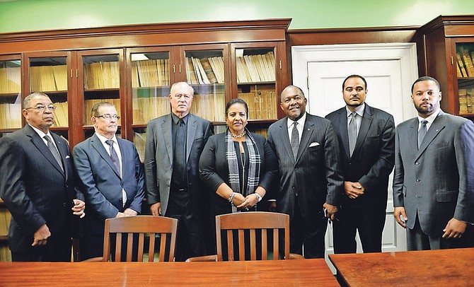 (L-R) Hubert Chipman, MP St. Anne's; Edison Key, MP Central and South Abaco; Richard Lightbourn, MP Montagu; Loretta Butler-Turner, MP Long Island, Neko Grant, MP Central Grand Bahama; Theo Neilly, MP North Eleuthera and Andre Rollins, MP Fort Charlotte. Photo: Shawn Hanna